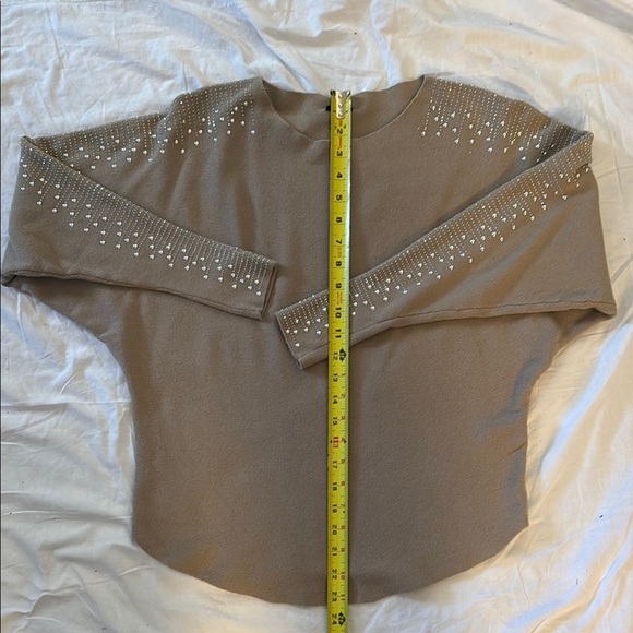 Fine Knit Beige Sweater with Rhinestone Accents - Picture 6 of 8